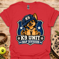 Red T-shirt with K9 Unite Nap Division dog graphic on the front.