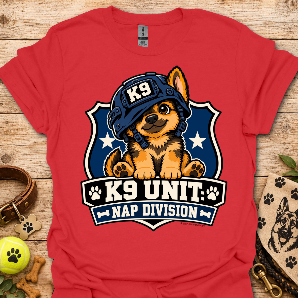 Red T-shirt with K9 Unite Nap Division dog graphic on the front.