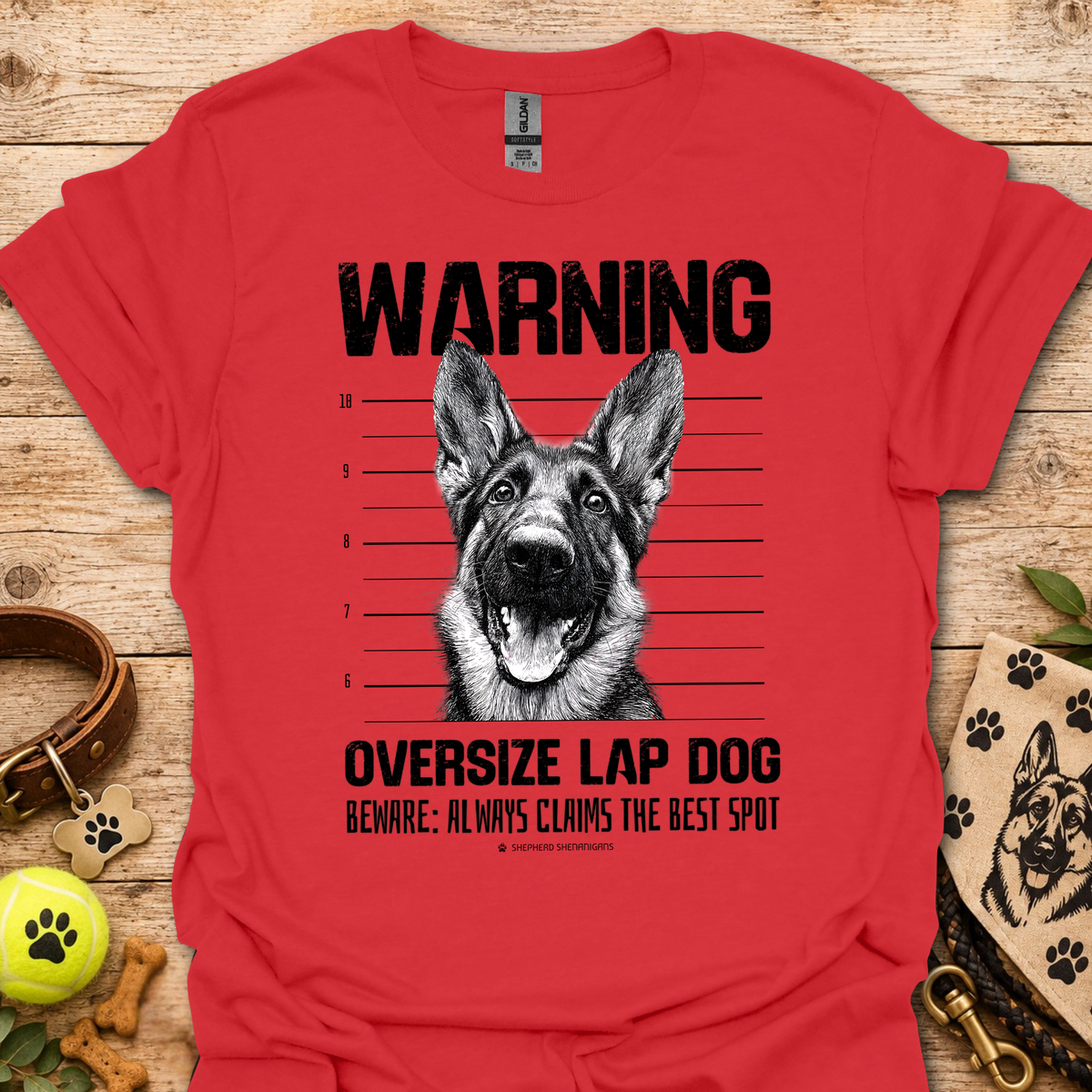 Dog graphic warning T-shirt, red with German shepherd portrait print
