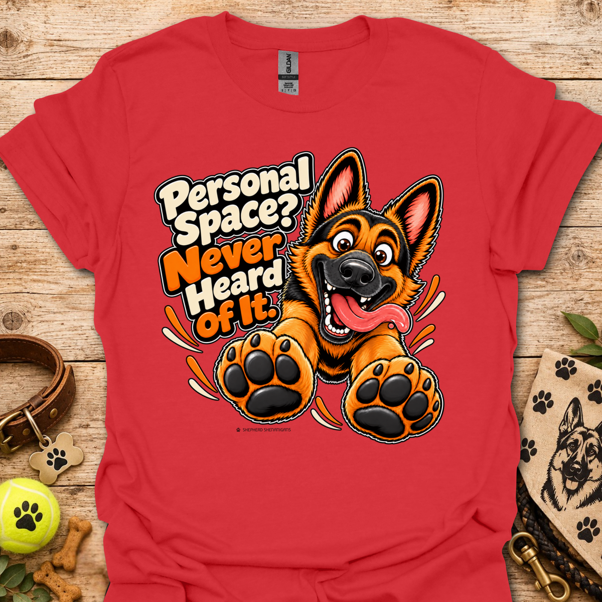 Red crew-neck graphic T-shirt with German shepherd and paw print design