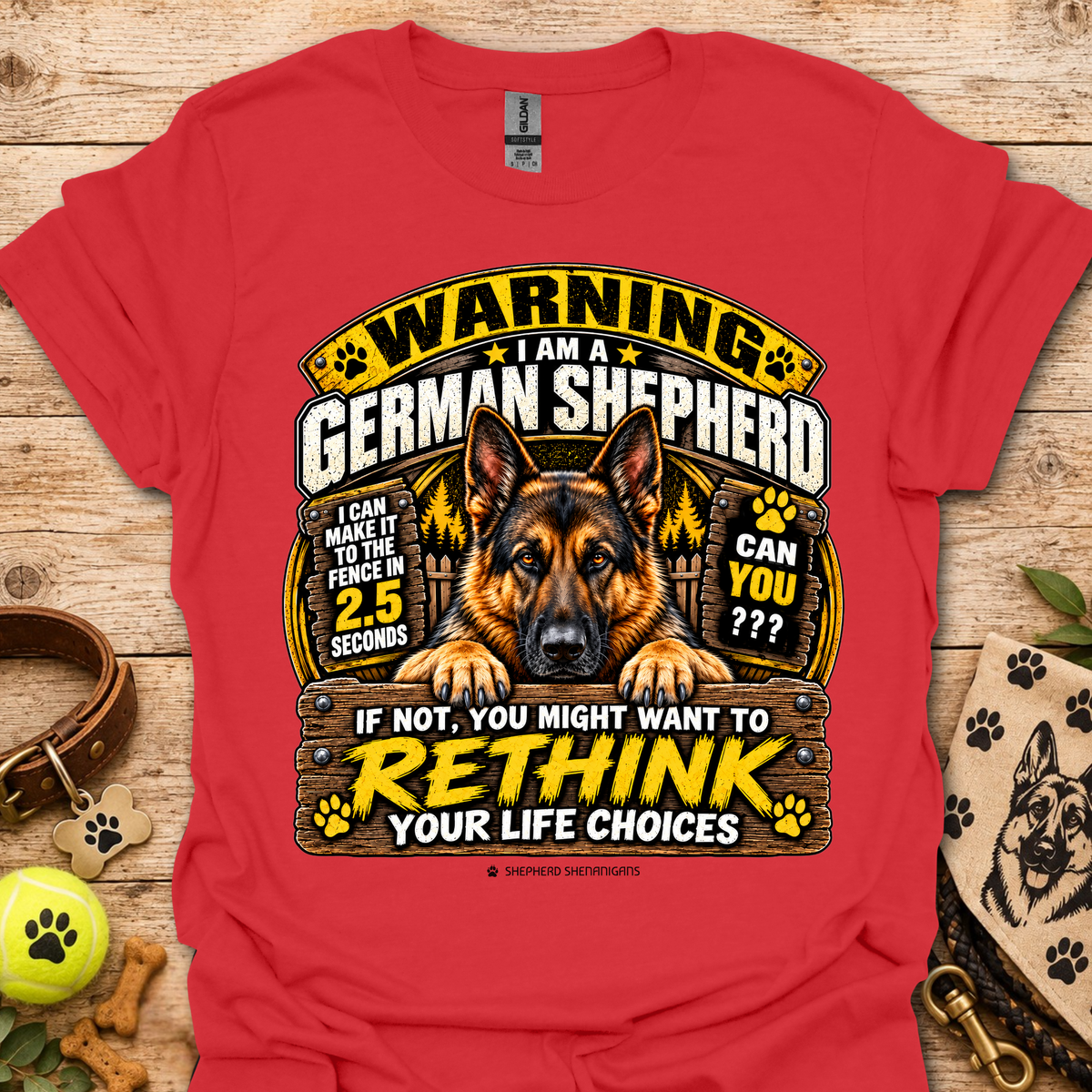 Red T-shirt with German Shepherd warning graphic and “Rethink your life choices” text