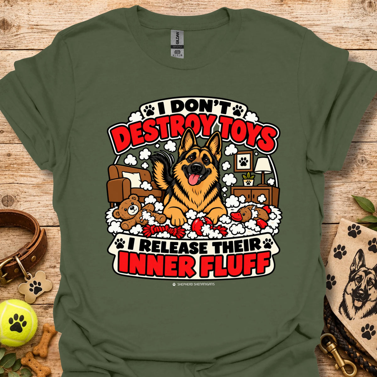 Military green crewneck T-shirt with German shepherd paw graphic and red slogan
