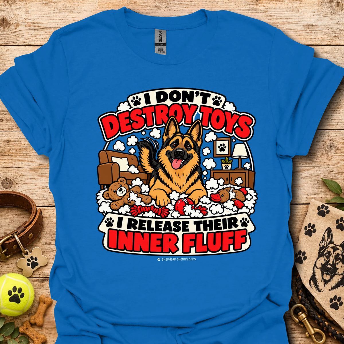 Bright blue crewneck T-shirt with German shepherd paw graphic and red slogan