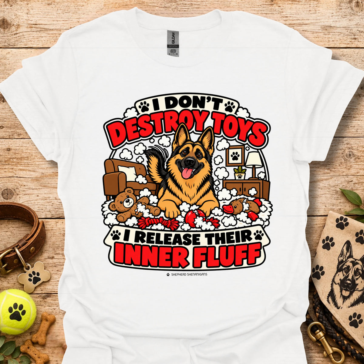 White crewneck T-shirt with German shepherd paw graphic and red slogan