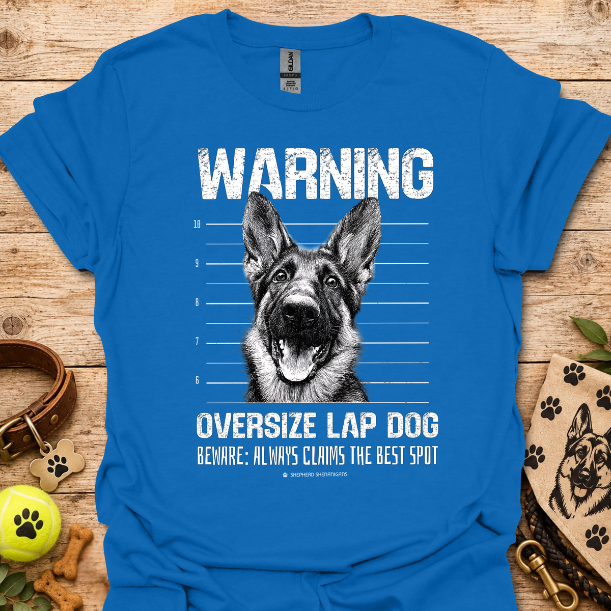 Dog graphic warning T-shirt, royal blue with German shepherd portrait print