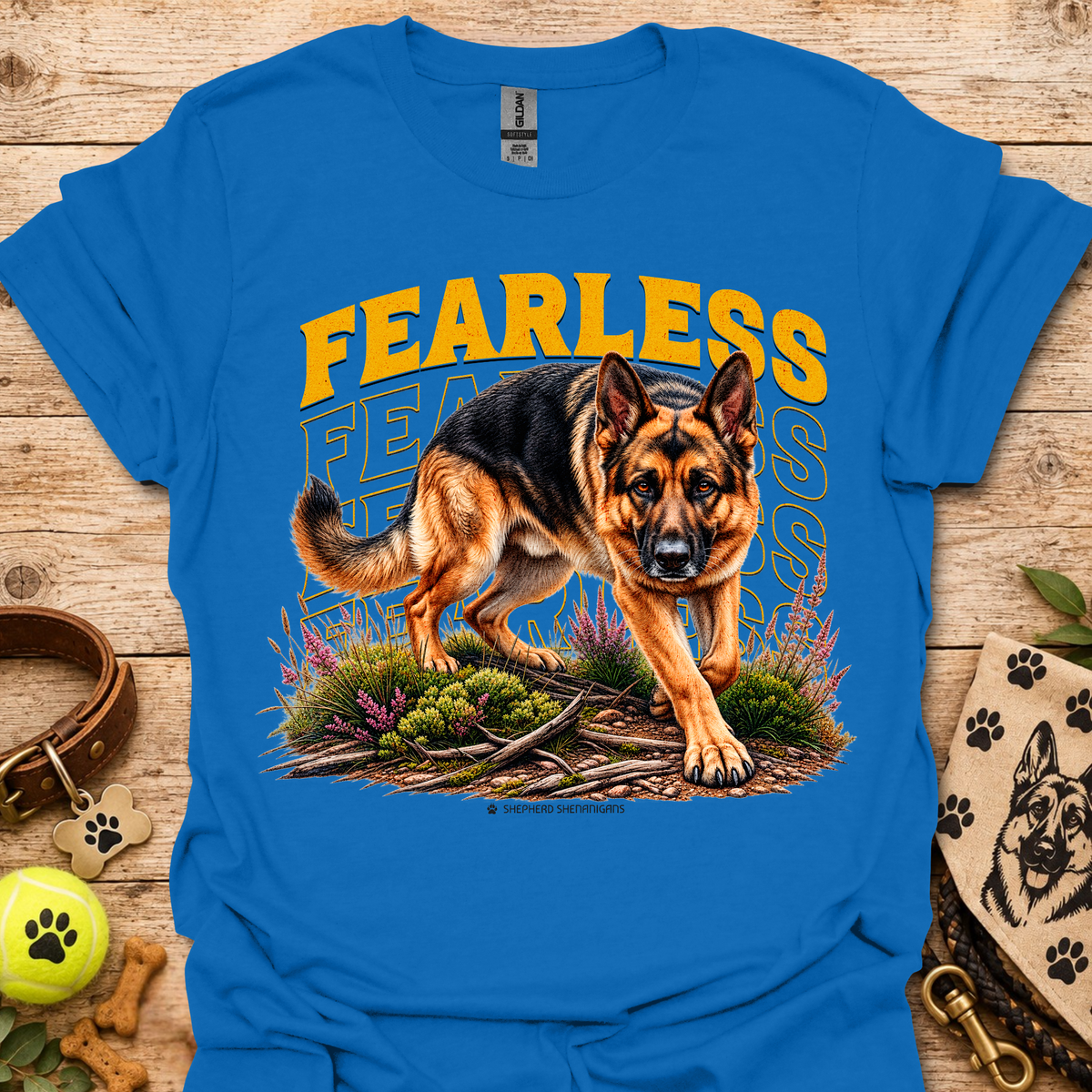 Bright blue Fearless dog graphic T-shirt with bold yellow 'FEARLESS' front print