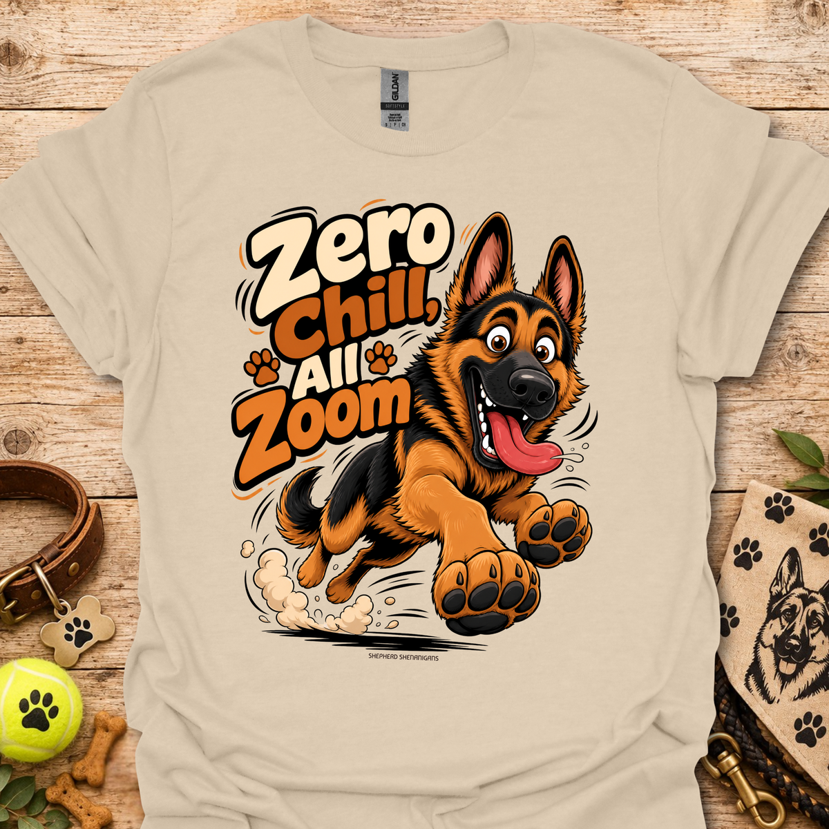 Light beige crew-neck T-shirt with German shepherd cartoon graphic and paw prints