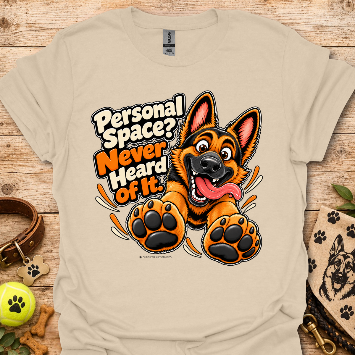 Beige crew-neck graphic T-shirt with German shepherd and paw print design