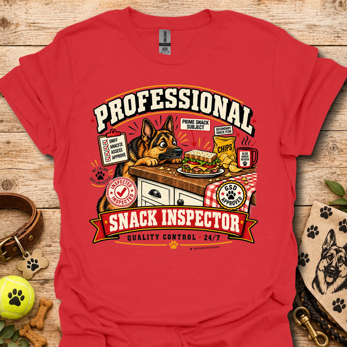 Red crew-neck T-shirt with large “Professional Snack Inspector” graphic and dog