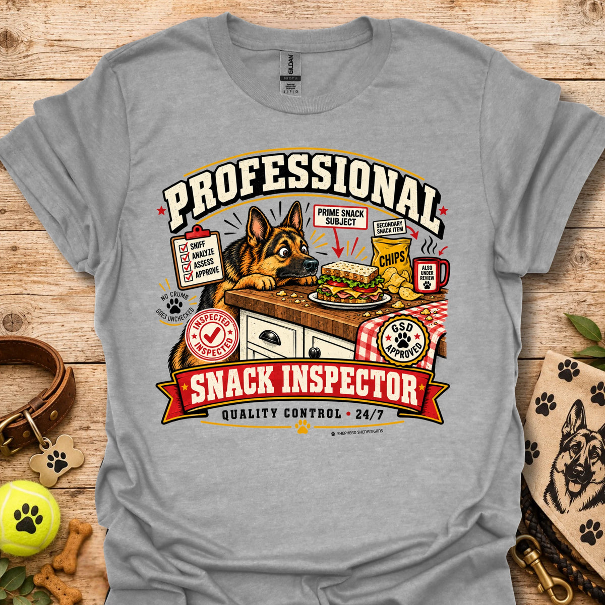 Heather gray crew-neck T-shirt with large “Professional Snack Inspector” graphic and dog