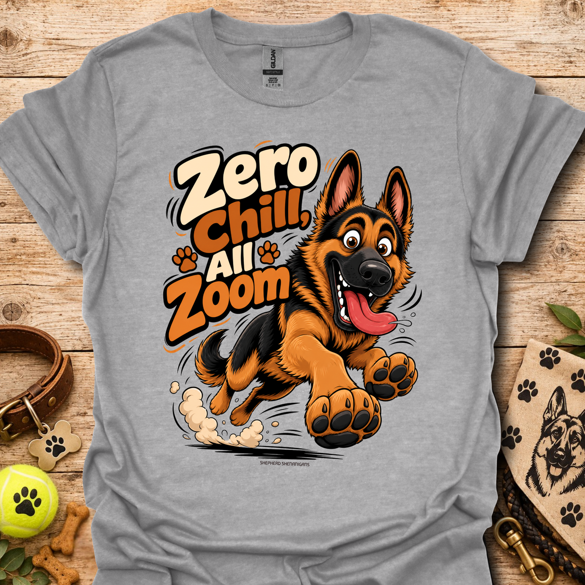 Heather gray crew-neck T-shirt with German shepherd cartoon graphic and paw prints