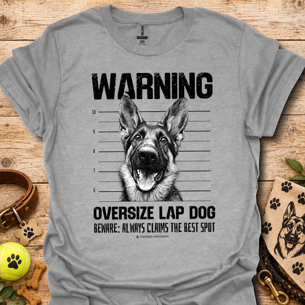 Dog graphic warning T-shirt, heather gray with German shepherd portrait print