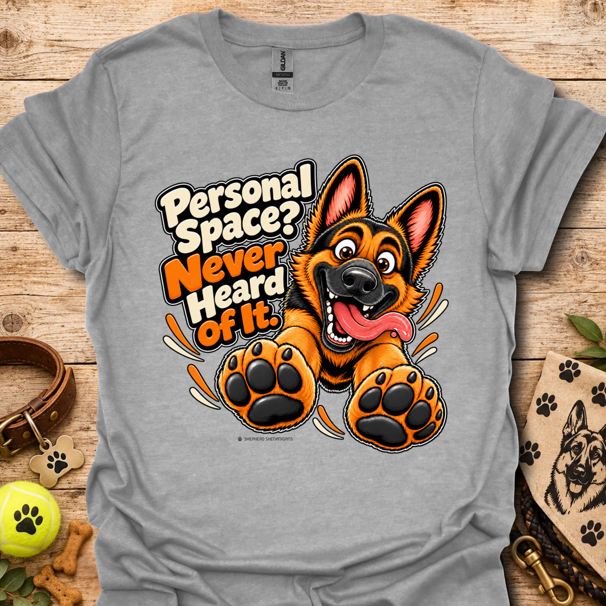Sport grey crew-neck graphic T-shirt with German shepherd and paw print design