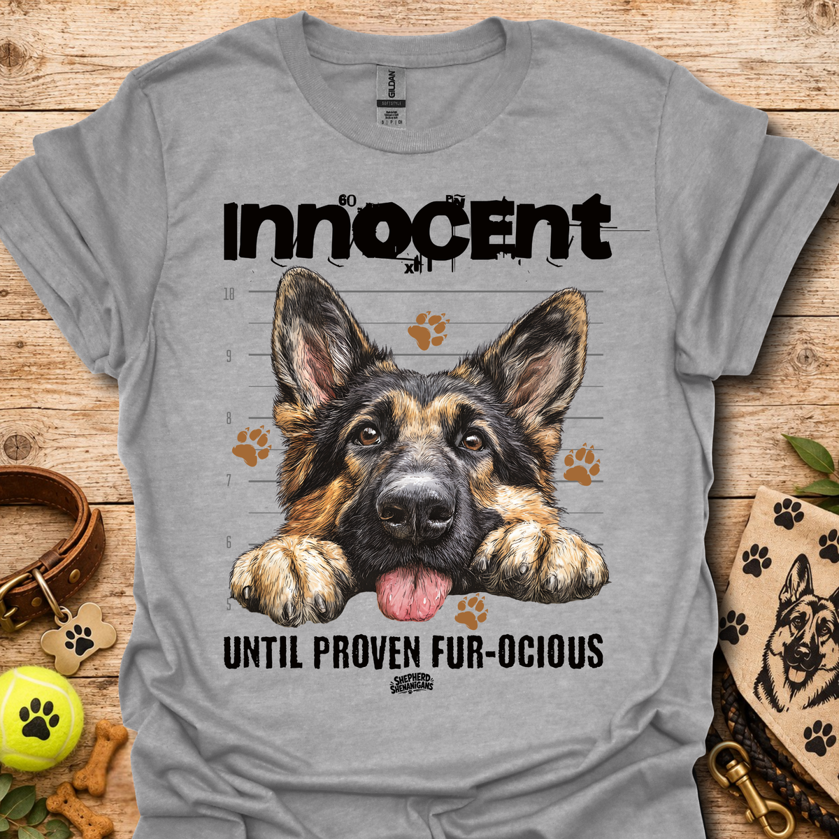 Sport grey T-shirt with German shepherd graphic and "Until Proven Fur-ocious" slogan