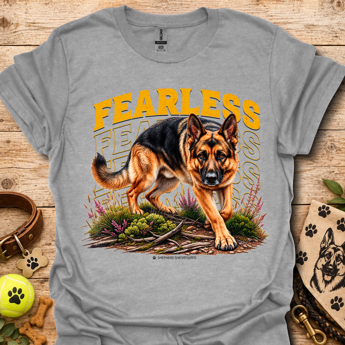 Sport gray Fearless dog graphic T-shirt with bold yellow 'FEARLESS' front print
