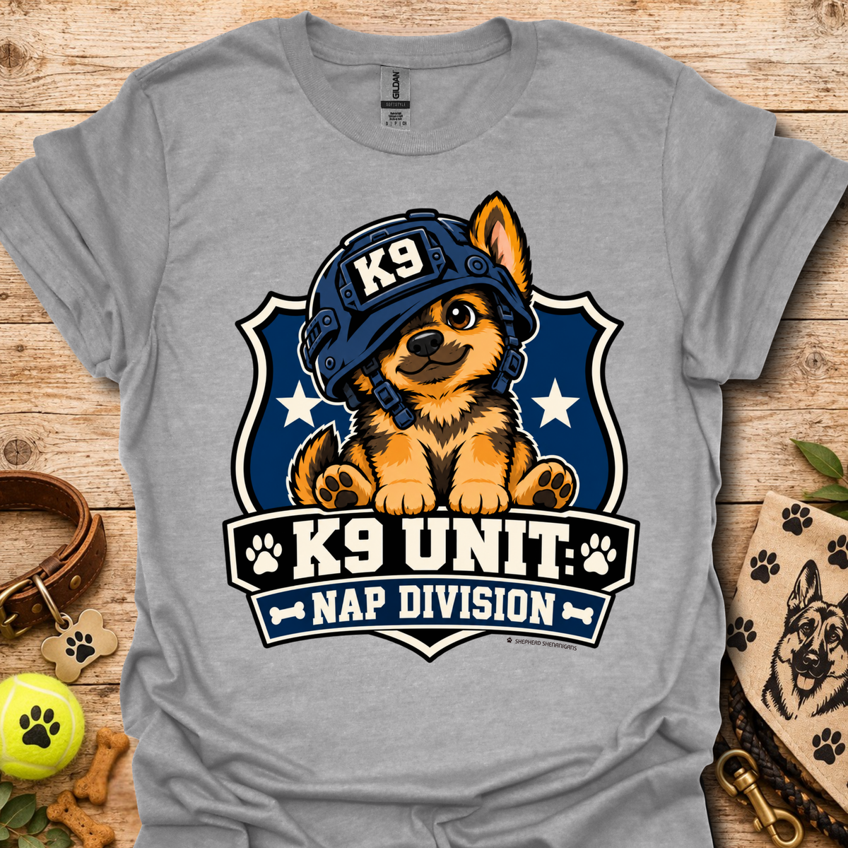 Heather gray T-shirt with K9 Unite Nap Division dog graphic on the front.