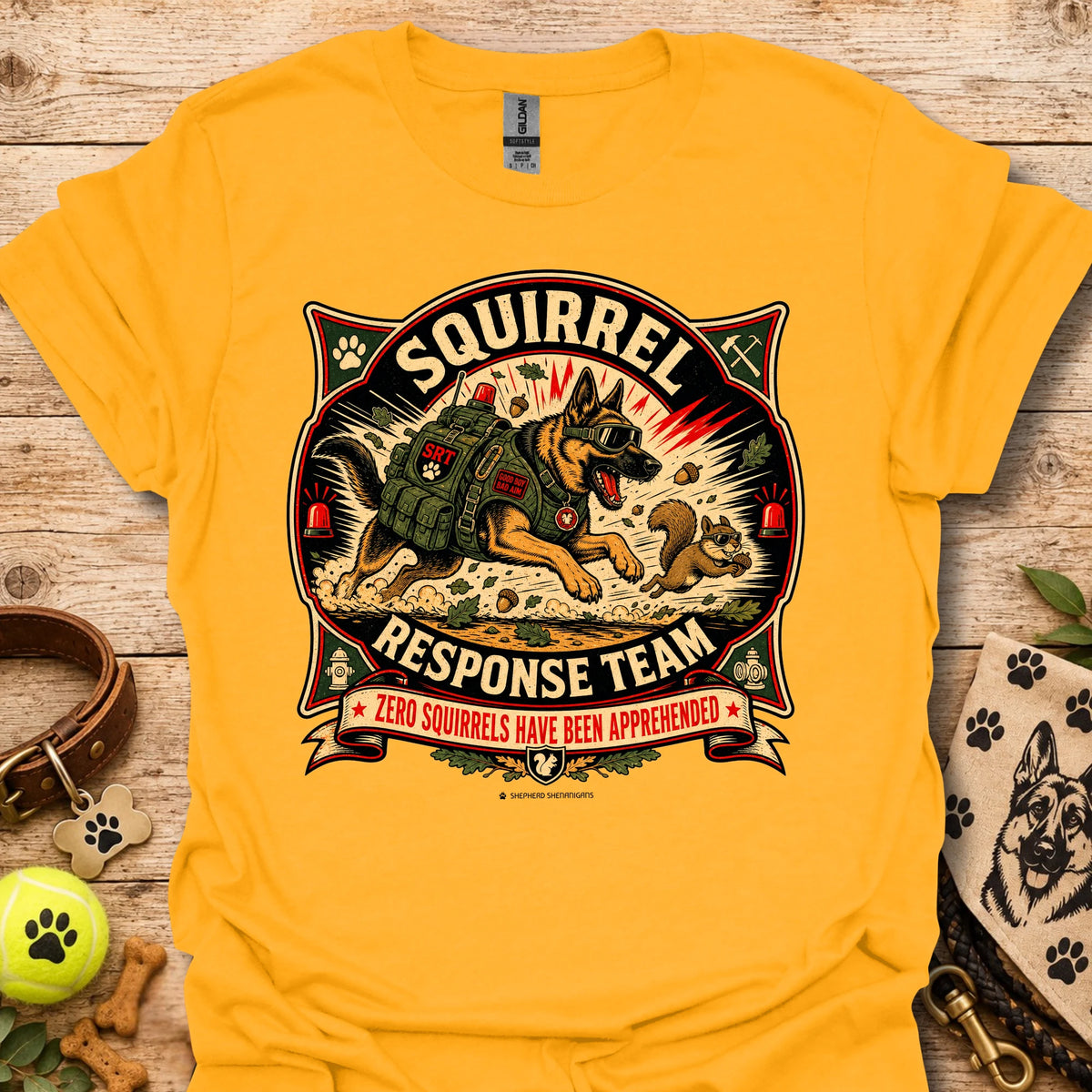Gold T-shirt with large squirrel team graphic on the front