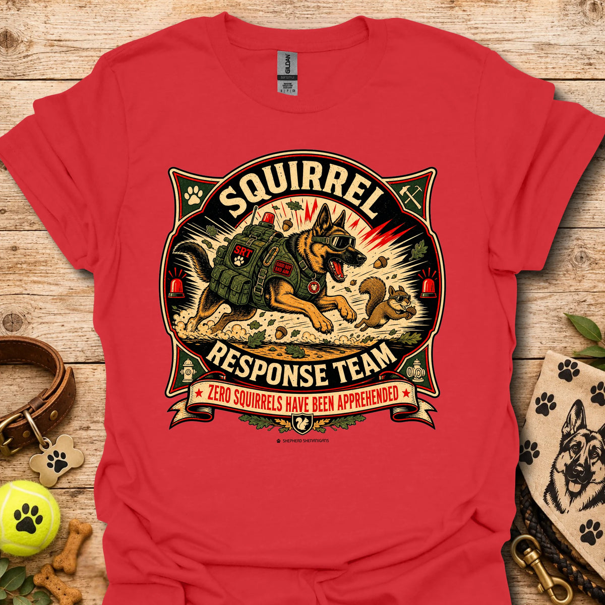 Red T-shirt with large squirrel team graphic on the front