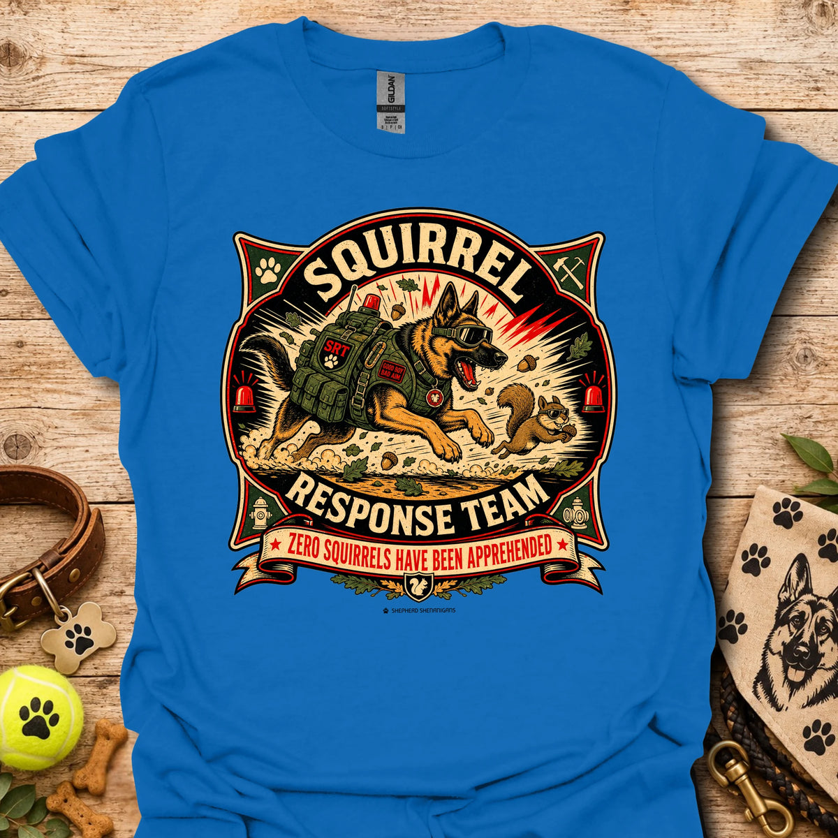 Royal blue T-shirt with large squirrel team graphic on the front