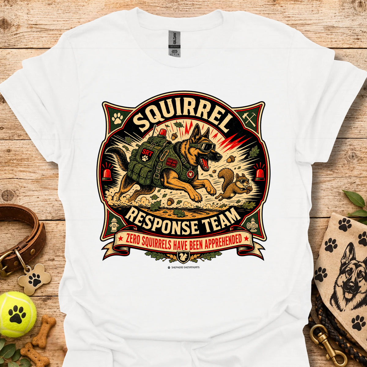 White T-shirt with large squirrel team graphic on the front