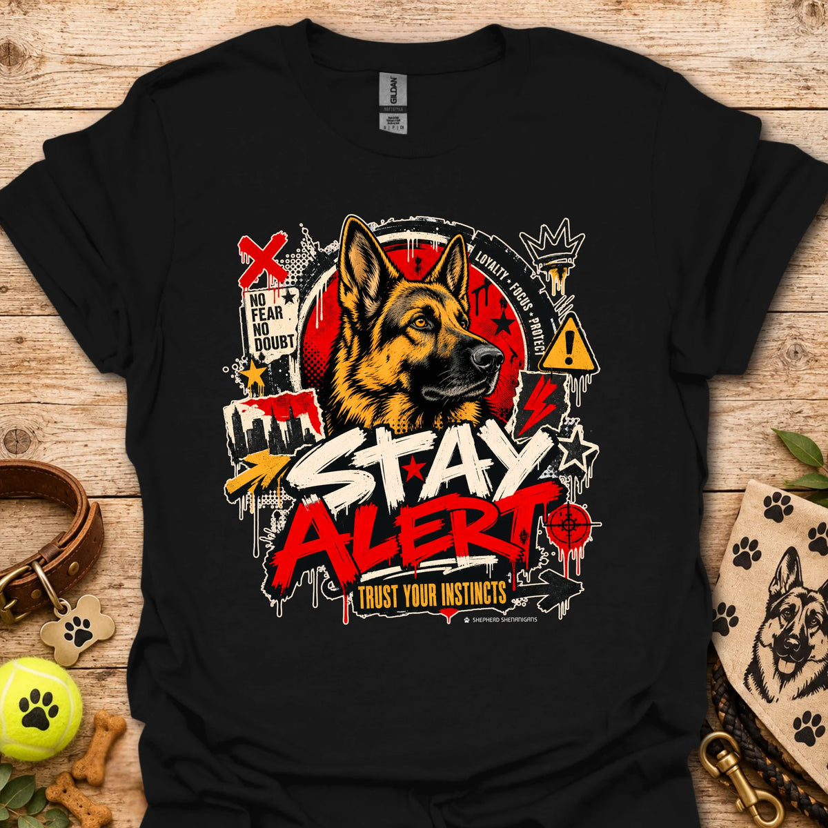 Black graphic dog T-shirt with 'Stay Alert' front print