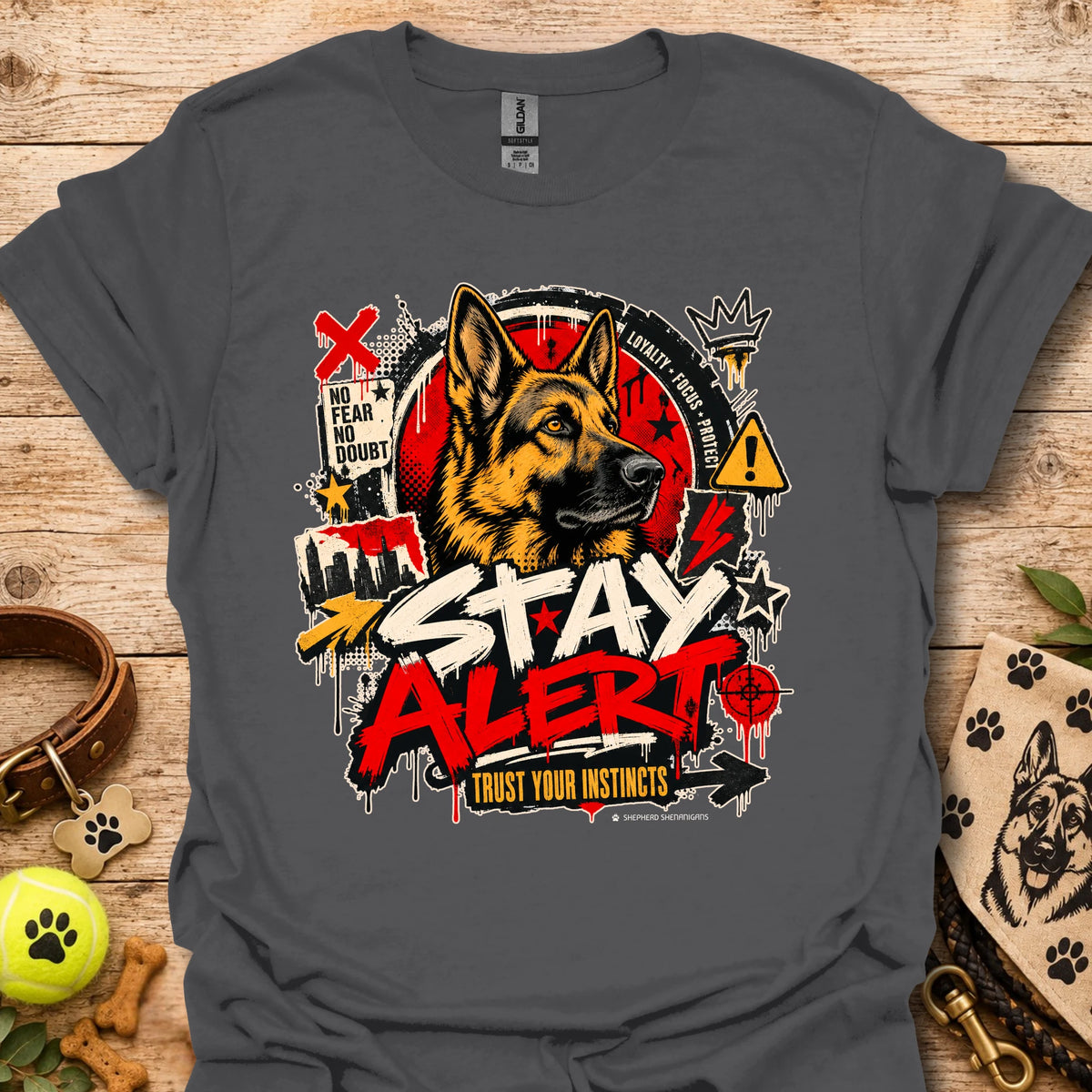 Charcoal graphic dog T-shirt with 'Stay Alert' front print