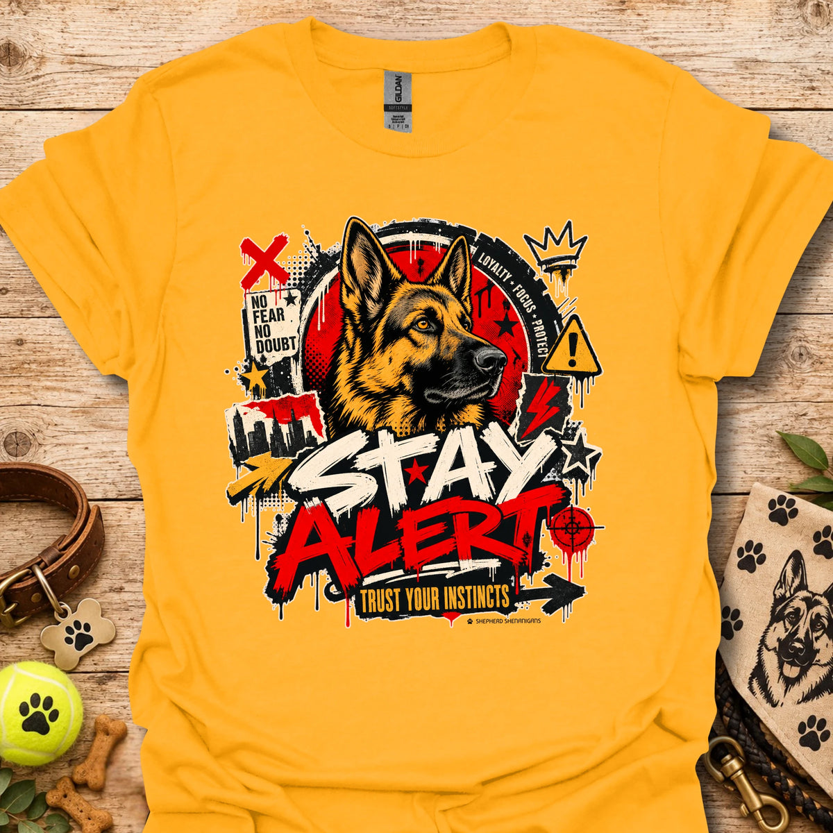 Orange graphic dog T-shirt with 'Stay Alert' front print
