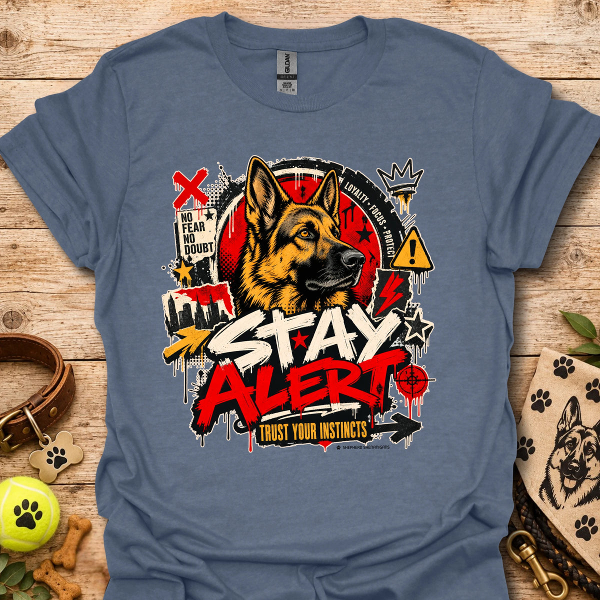 Blue graphic dog T-shirt with 'Stay Alert' front print