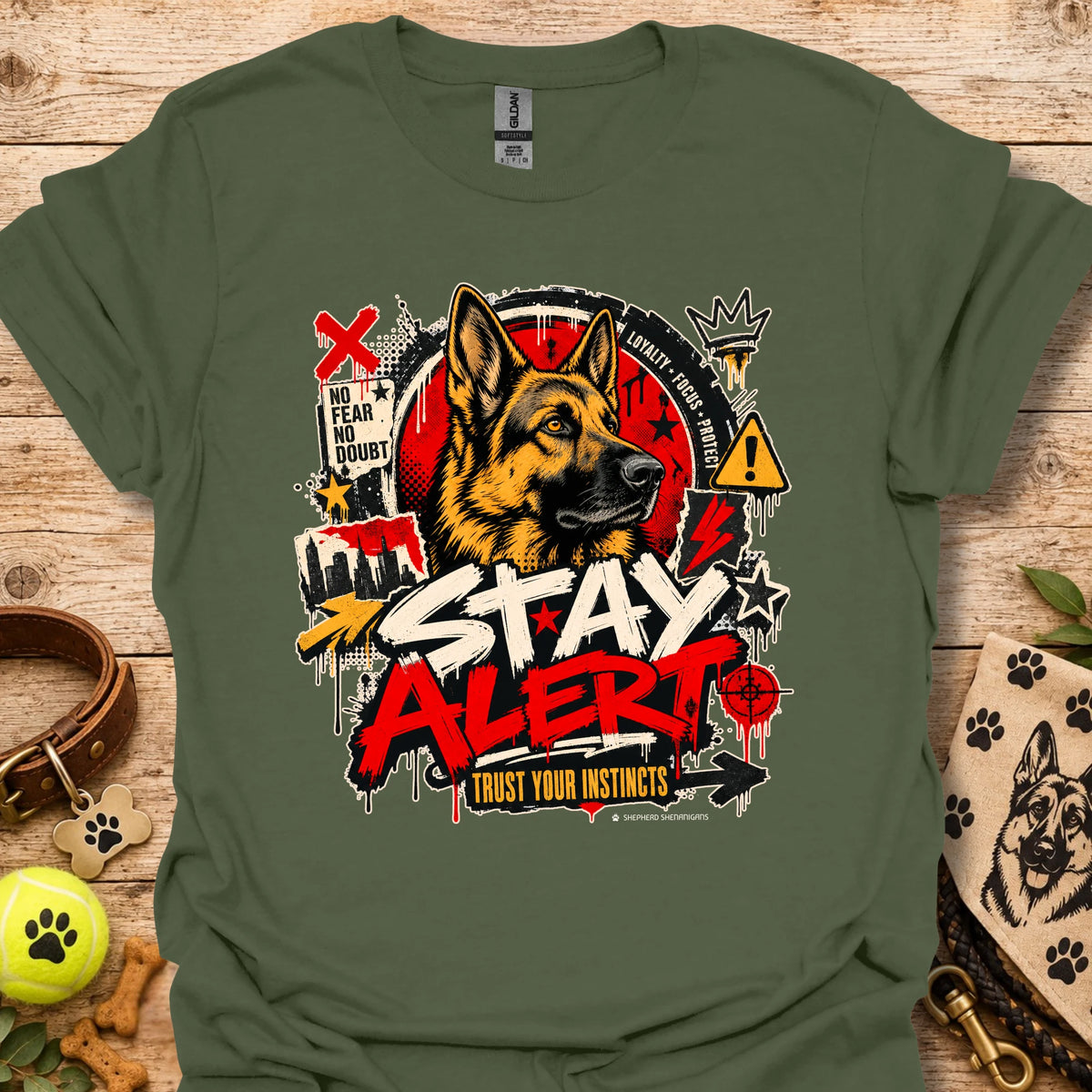 Green graphic dog T-shirt with 'Stay Alert' front print
