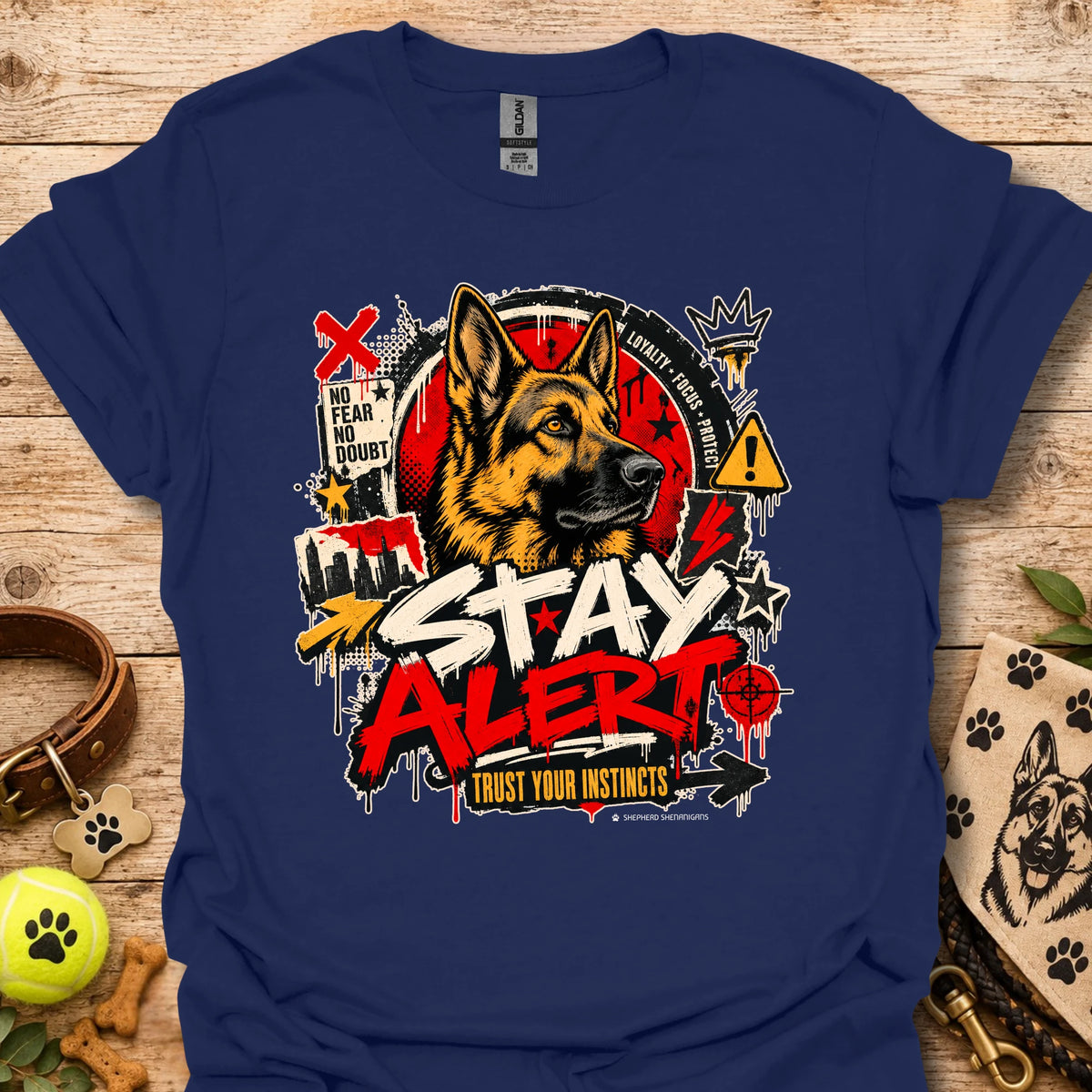 Navy graphic dog T-shirt with 'Stay Alert' front print