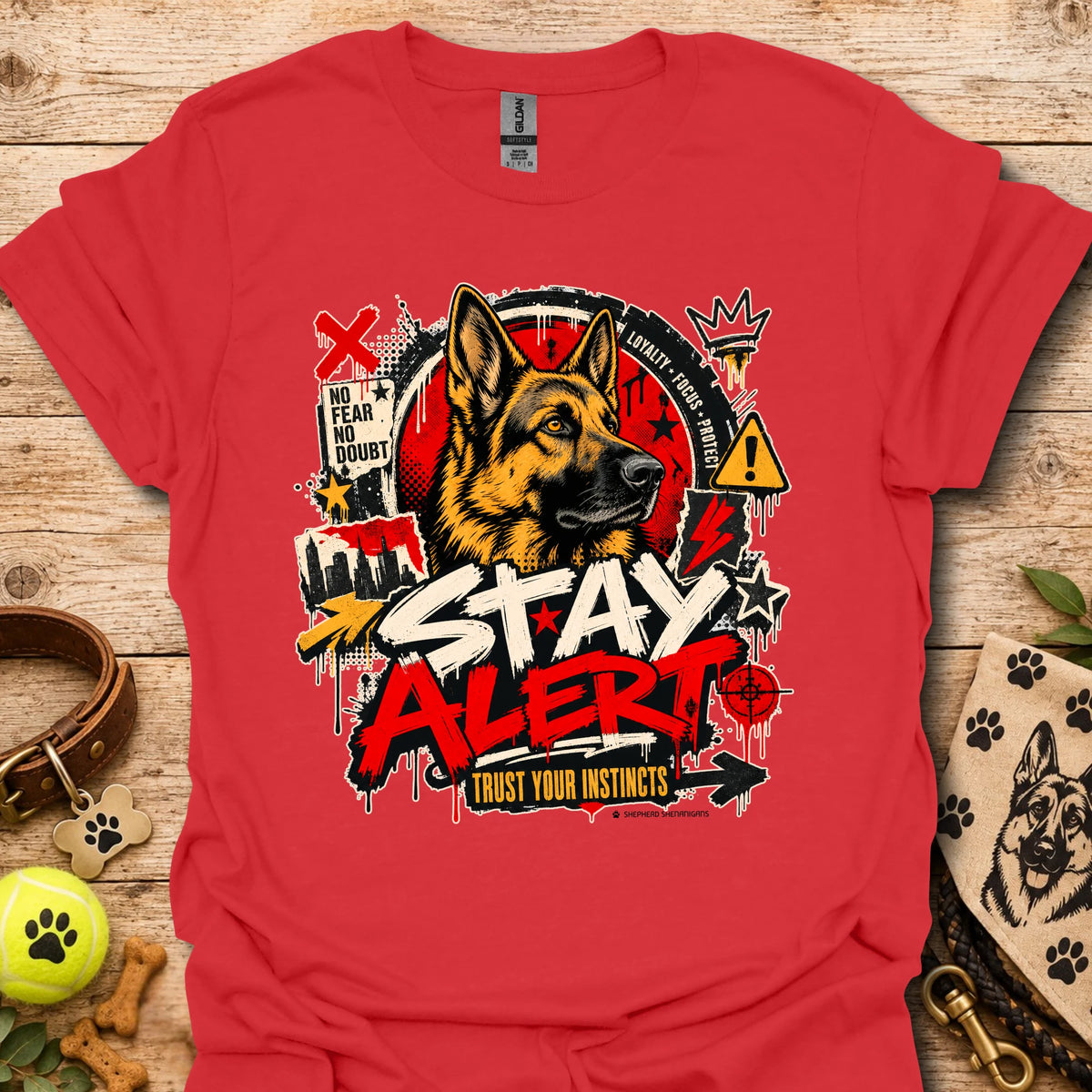 Red graphic dog T-shirt with 'Stay Alert' front print