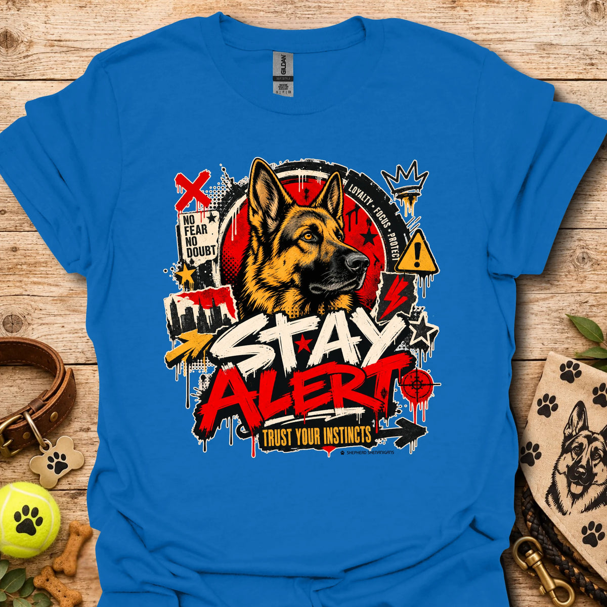 Royal blue graphic dog T-shirt with 'Stay Alert' front print