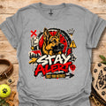 Heather gray graphic dog T-shirt with 'Stay Alert' front print