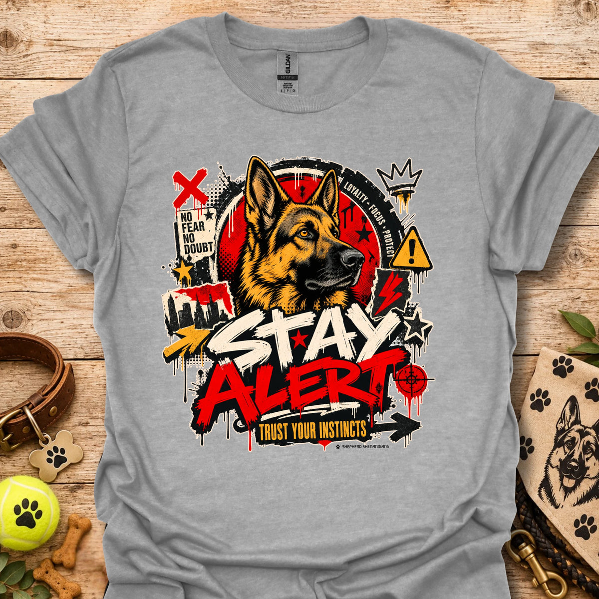 Heather gray graphic dog T-shirt with 'Stay Alert' front print