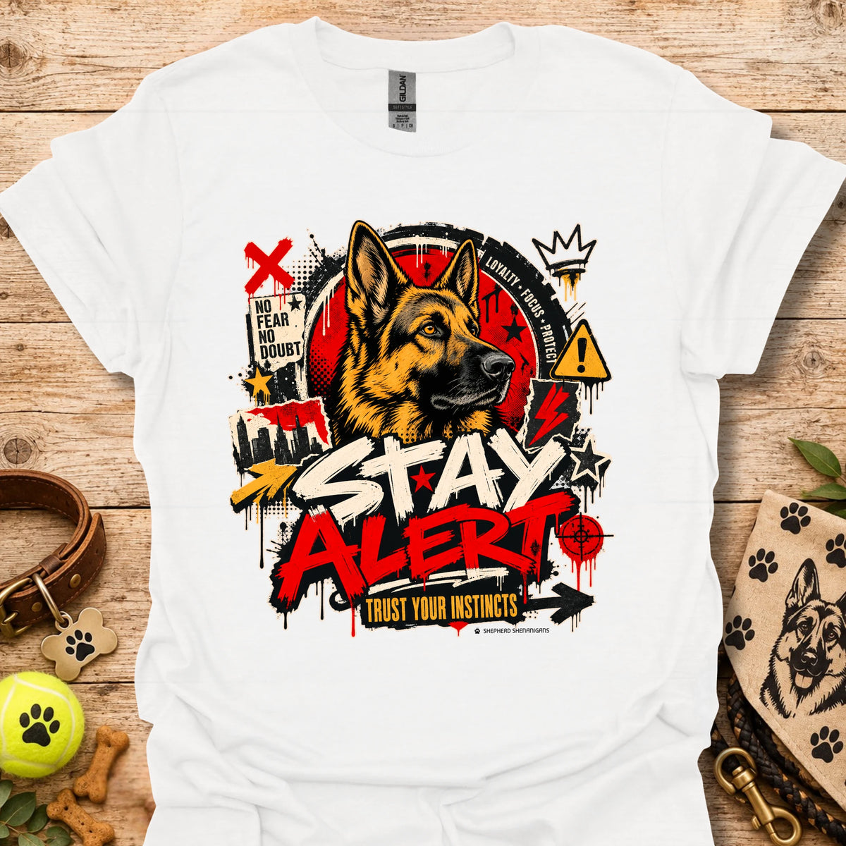 White graphic dog T-shirt with 'Stay Alert' front print