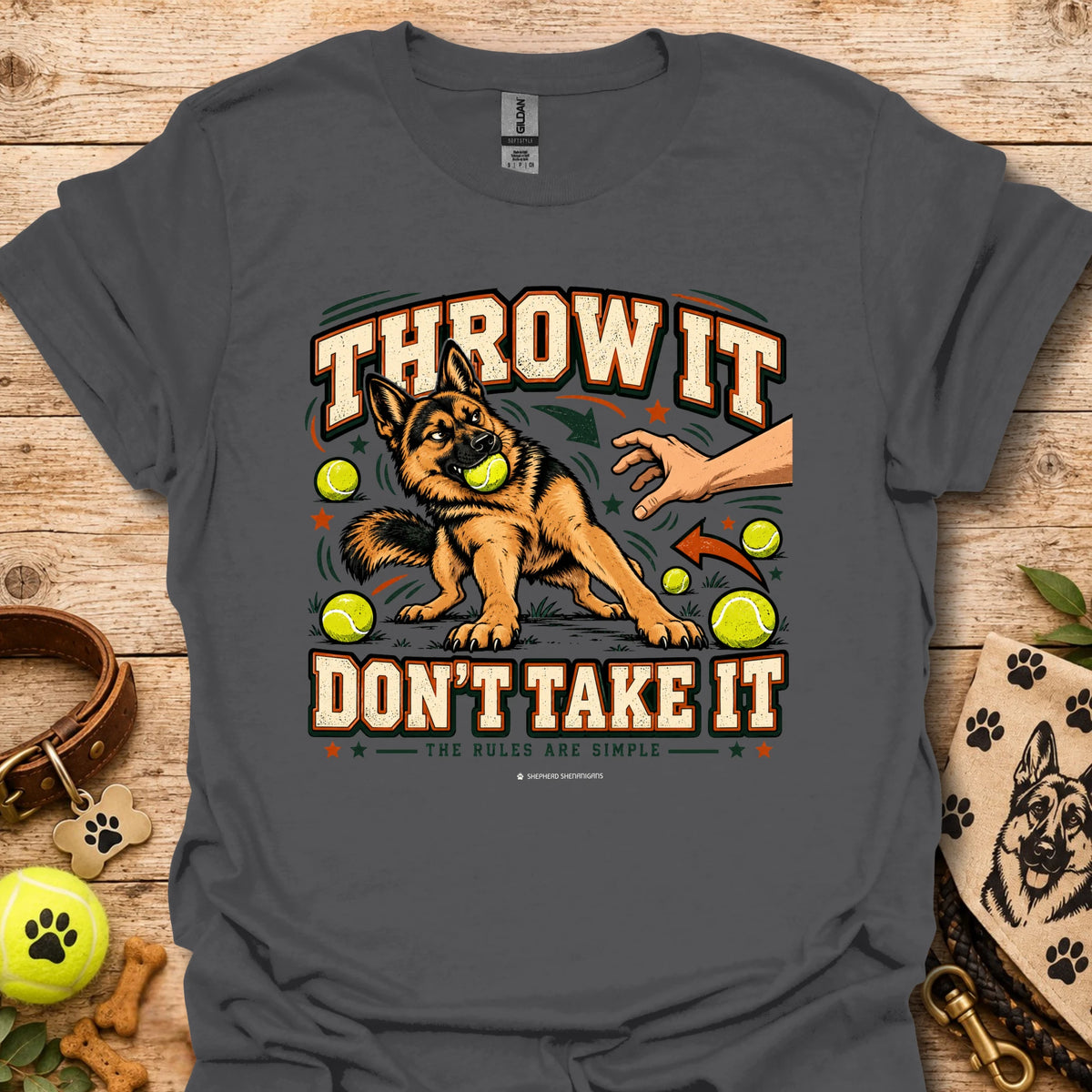 Charcoal crew-neck T-shirt with “Throw It Don’t Take It” dog graphic
