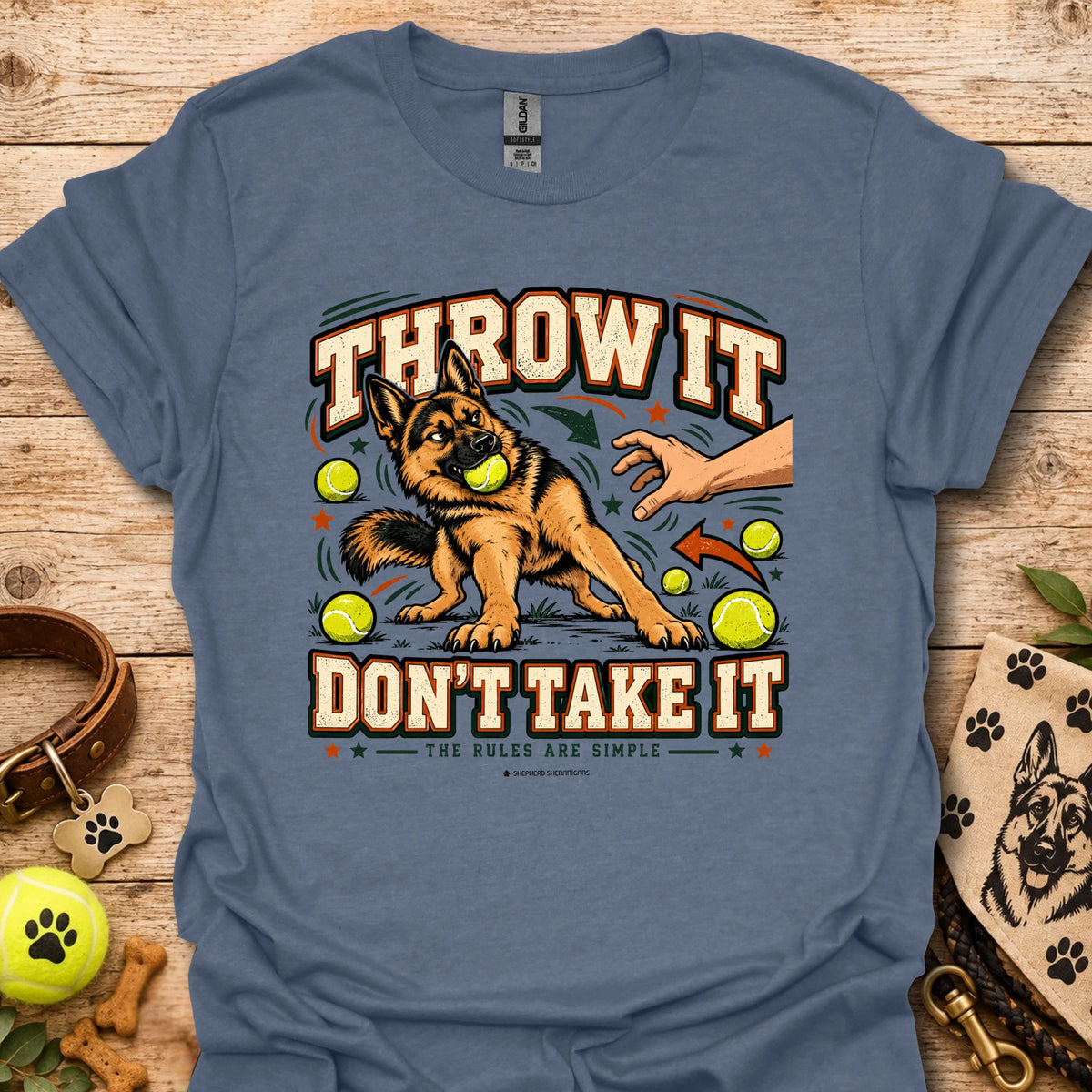 Blue crew-neck T-shirt with “Throw It Don’t Take It” dog graphic