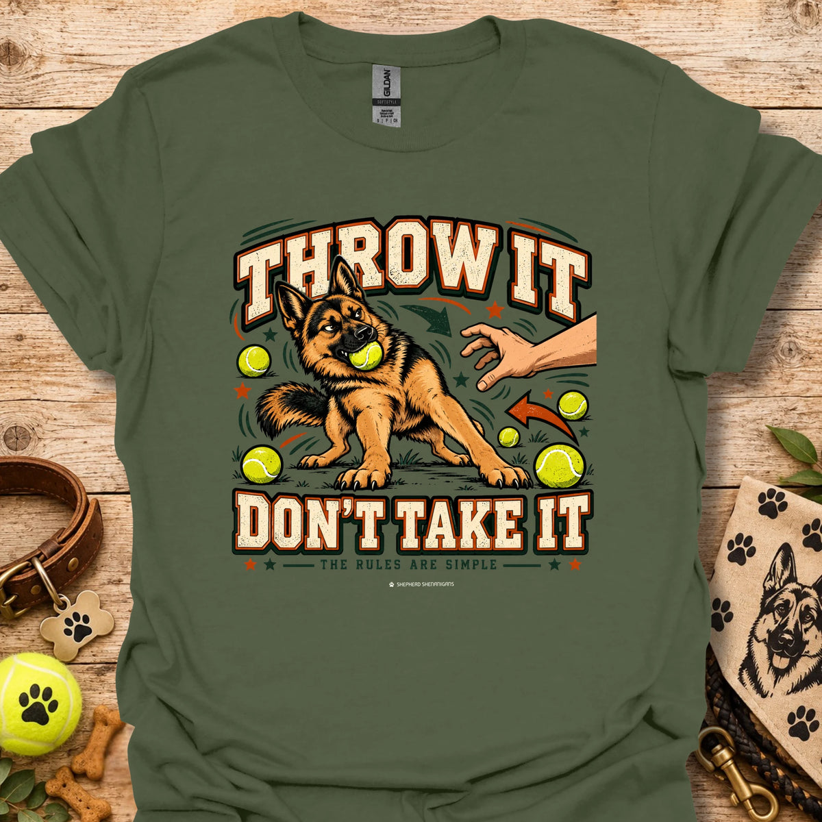 Military green crew-neck T-shirt with “Throw It Don’t Take It” dog graphic