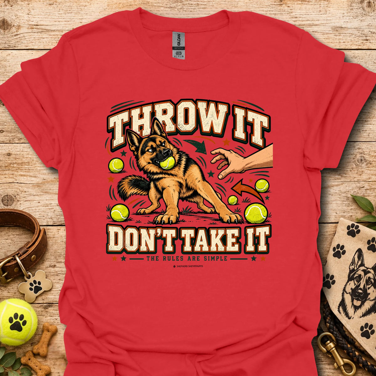 Red crew-neck T-shirt with “Throw It Don’t Take It” dog graphic
