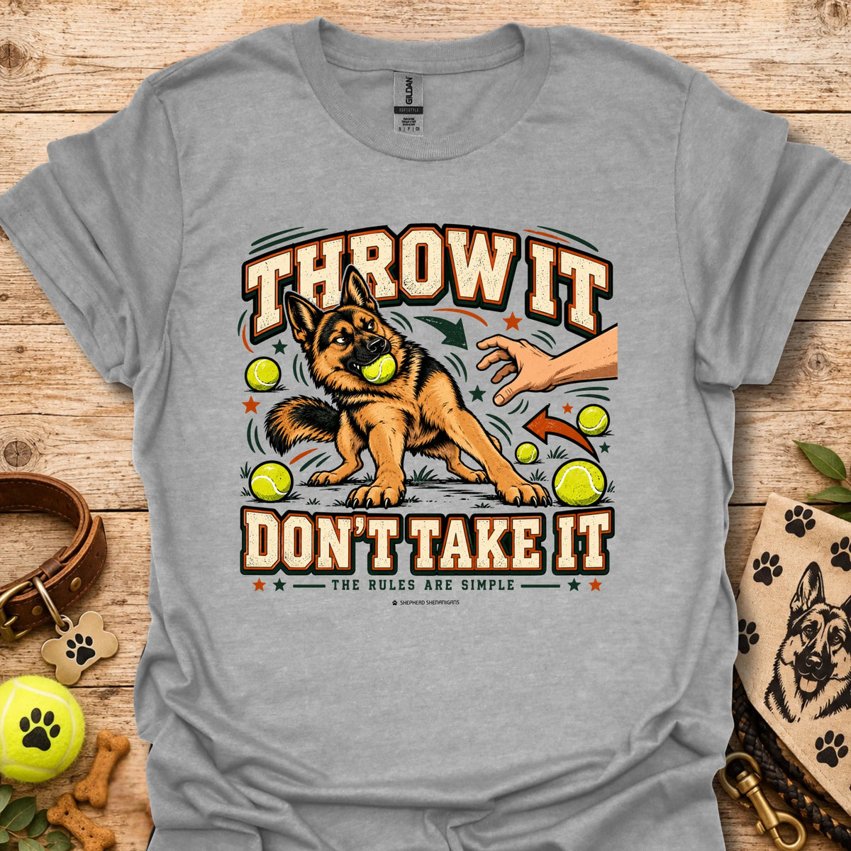 Heather gray crew-neck T-shirt with “Throw It Don’t Take It” dog graphic
