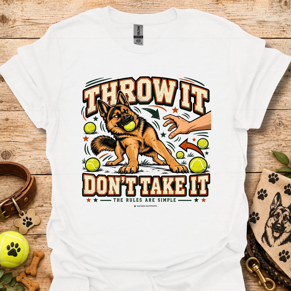 White crew-neck T-shirt with “Throw It Don’t Take It” dog graphic