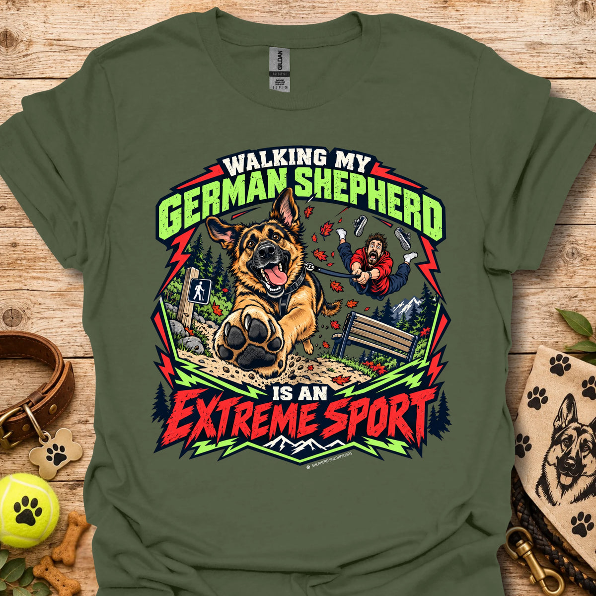 Military green German Shepherd graphic T-shirt with colorful badge-style front print.