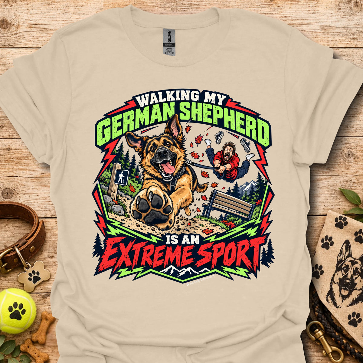 Sand beige German Shepherd graphic T-shirt with colorful badge-style front print.