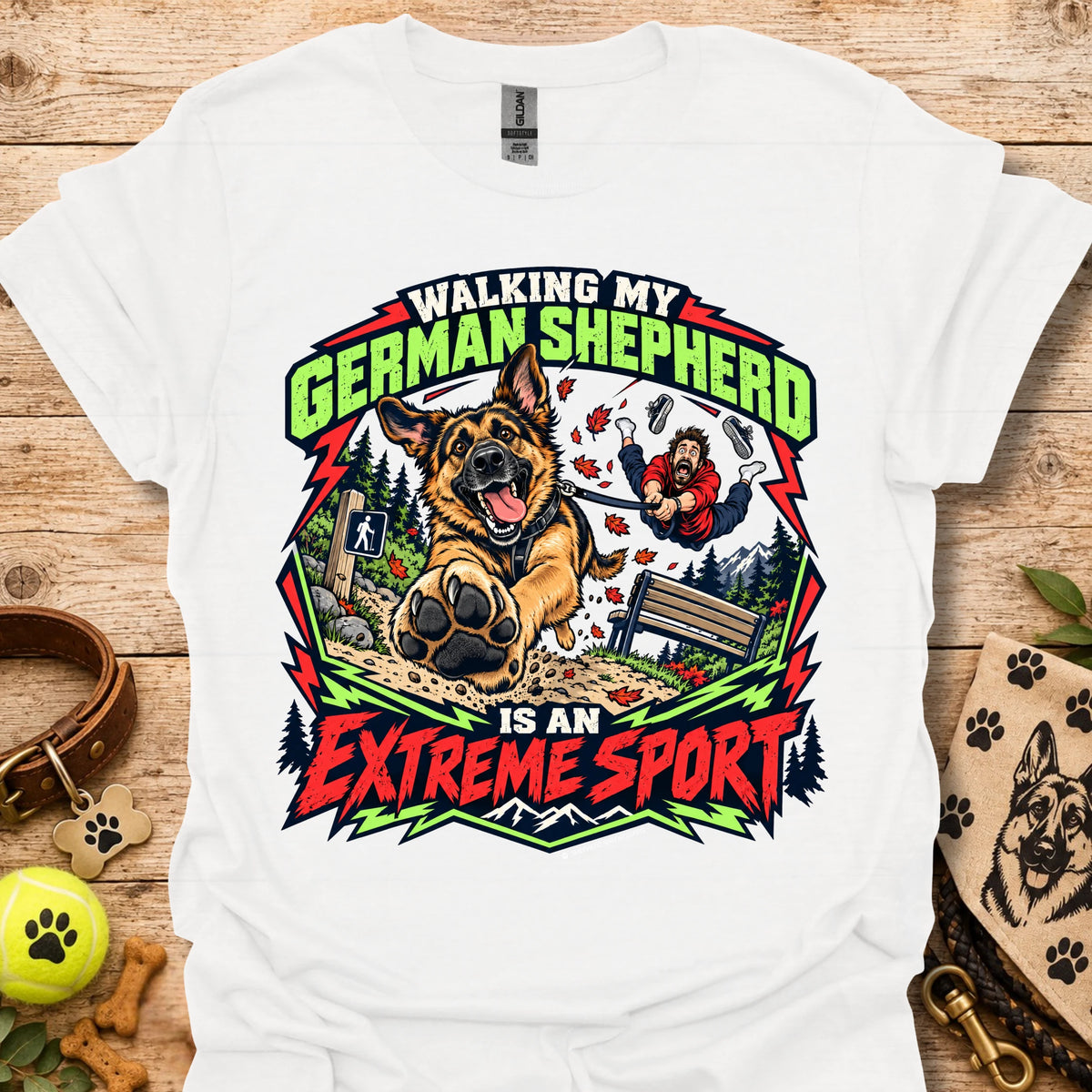 White German Shepherd graphic T-shirt with colorful badge-style front print.