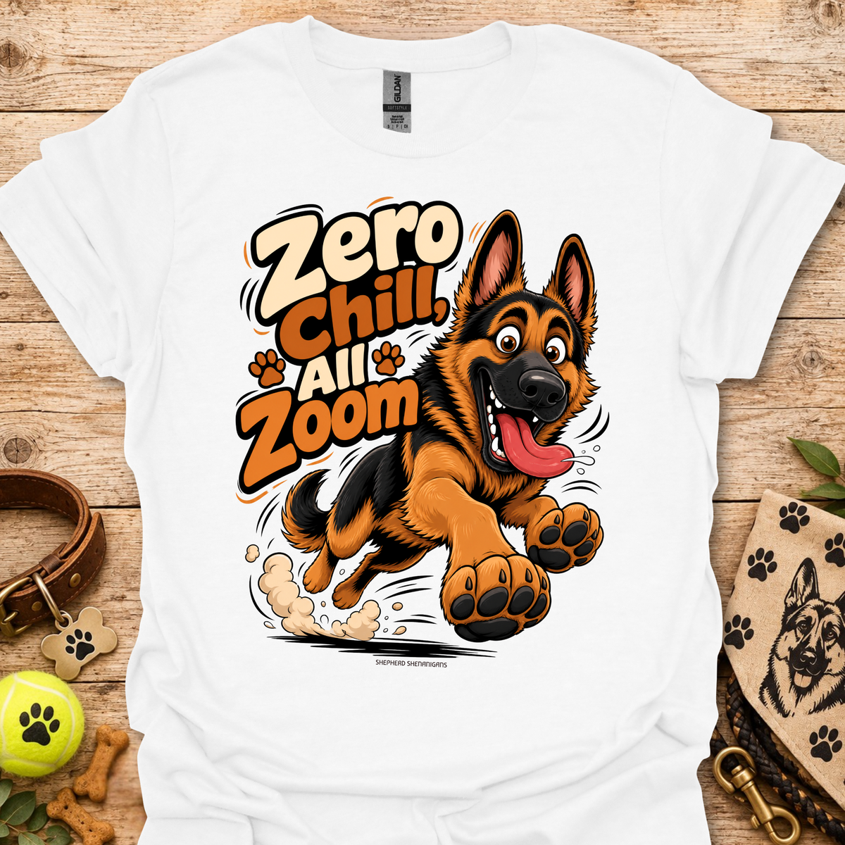 White crew-neck T-shirt with German shepherd cartoon graphic and paw prints