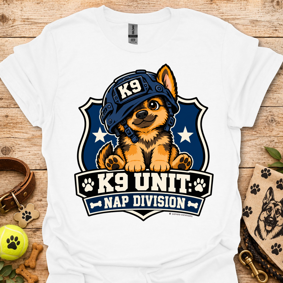 White T-shirt with K9 Unite Nap Division dog graphic on the front.