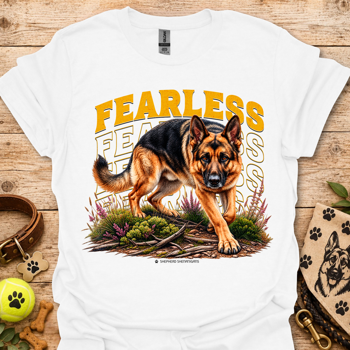White Fearless dog graphic T-shirt with bold yellow 'FEARLESS' front print