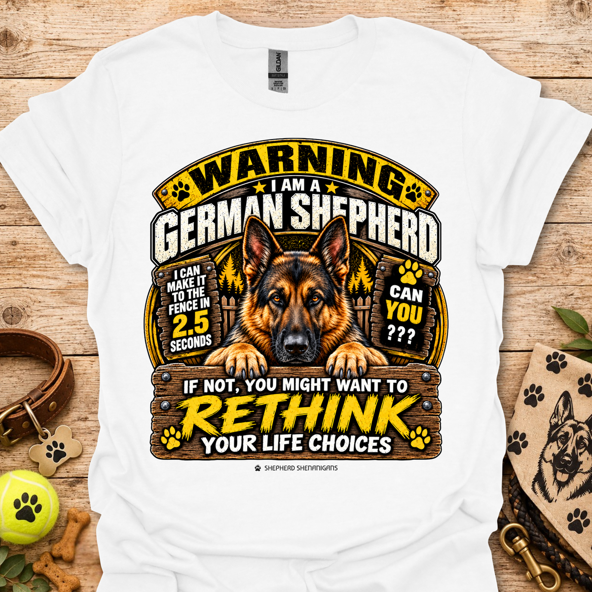 White crewneck T-shirt with German Shepherd warning graphic circle print