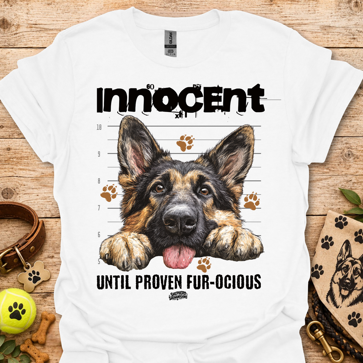 White crewneck T-shirt with German shepherd graphic, paw prints and slogan
