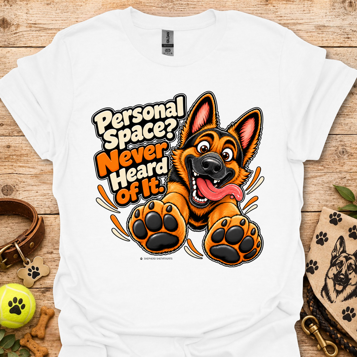White crew-neck graphic T-shirt with German shepherd and paw print design